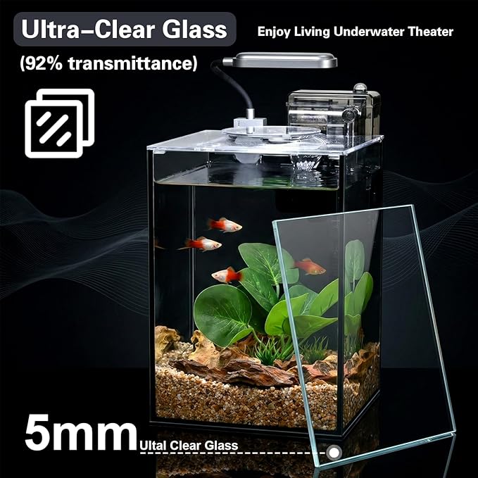 2.2 Gallon Small Aquarium Set Glass Fish Tank,Desktop Small Aquarium Kit for Beginners and Children to Keep Betta Fish, Goldfish, Shrimp, and Aquatic Plants (Black, 2.2 Gallon (Complete Kit))