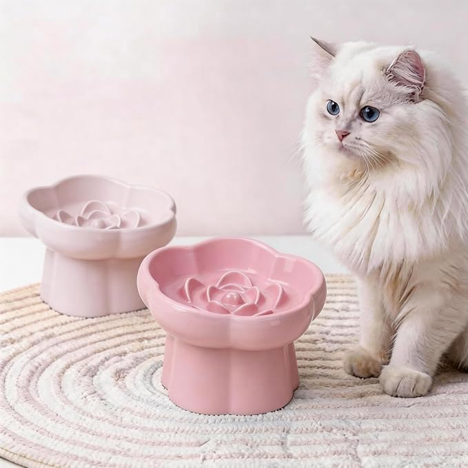 Cat Slow Feeder Flower-Shaped Ceramic Slow Feeder Cat Bowl, Tilted Raised Cat Slow Feeder Bowl for Whisker Relief, Prevents Vomiting & Bloating, Non-Slip Base (Pure Pink)