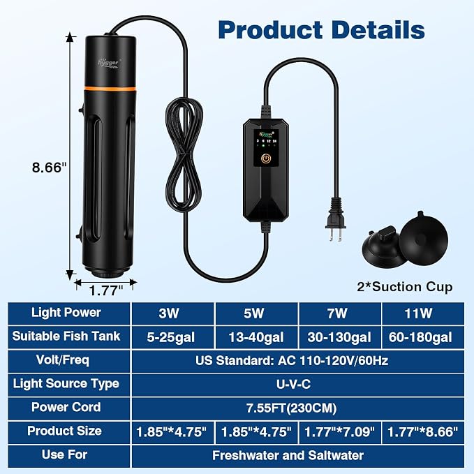 hygger 11W Aquarium U-V Light with Timer, 360° Protective Shield Clean Lamp for Green Water & Algae, Amphibian Small U-V Light for 60-180 Gal Freshwater & Saltwater Fish Tanks