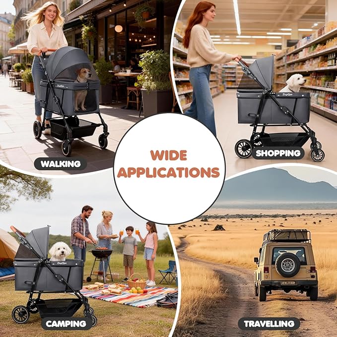 Dog Stroller for Large & Medium Dogs (20–132 lbs), Pet Stroller for 2 Small Dogs, Cat Strollers for 2 Cats, Extra Large Heavy Duty, Foldable & Fully Ventilated Design, Gray
