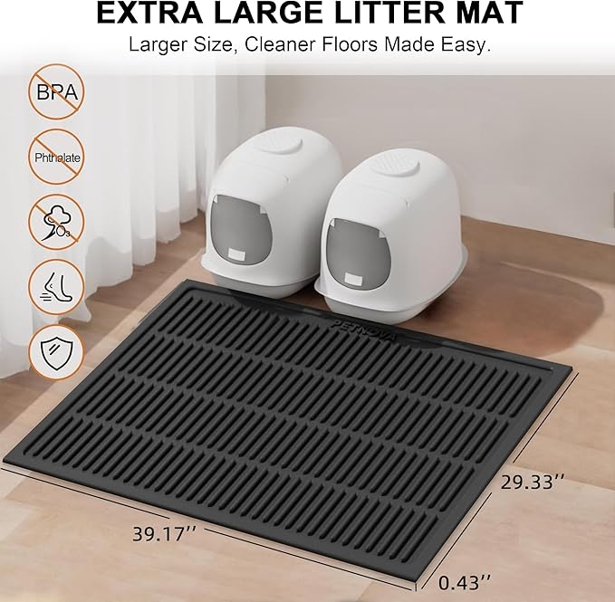 Extra Large Litter Mat: XL 39"x29" Silicone Waterproof Groove Design Litter Trapping Mat Easy to Clean for Multiple-Cats - Jumbo Non-Slip Cat Box Rug for Floor (Black)