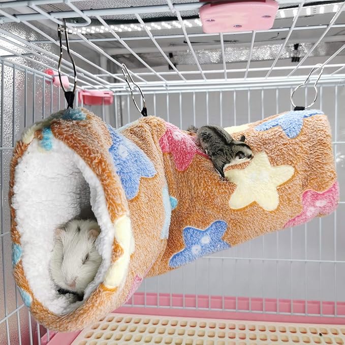 LEFTSTARER Guinea Pig Accessories Sugar Glider Cage Accessories Hamster Rat Toys Ferret Hammock Hanging Tunnel for Small Animals (Brown-Star)