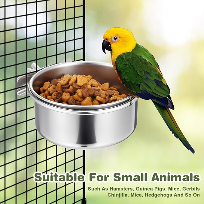 Kifmurase 8 PCS Stainless Steel Bird Food Bowls Water Bowl with Clamp Holder, Parrot Feeding Dish Cups Birds Feeders for Cage, Bird Food Water Bowls for Cockatiels Conure Budgie Parakeet