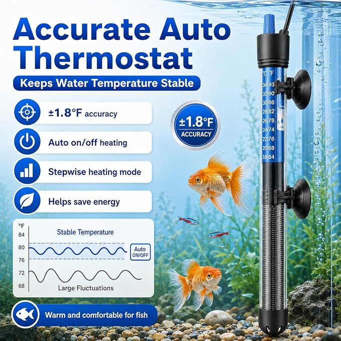 Mylivell Fish Tank Aquarium Heater - Adjustable Submersible 200W Aquarium Heater with Thermostat for 40-65 Gallon Betta, Turtle, Saltwater and Freshwater Tanks