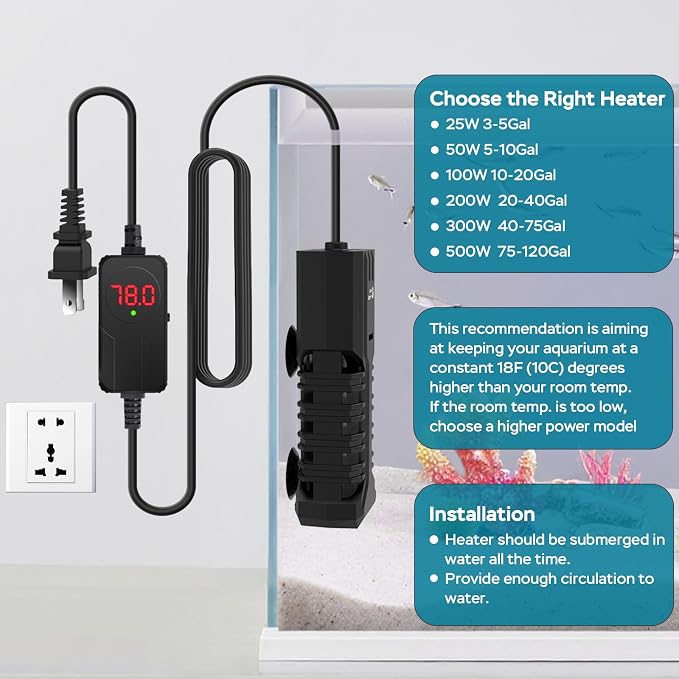 AquaMiracle Aquarium Heater, 50W Submersible Fish Tank Heater with LED Digital Display, Overheat Protection & Auto Power-Off When Out of Water, for Freshwater and Saltwater Fish Tanks (5-10 Gal)