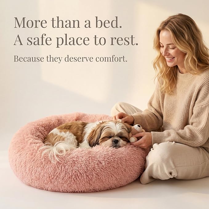 Calming Donut Dogs Beds for Small Dogs Washable,23inch Plush Round Pet Bed for Cozy Sleep,Fluffy Faux Fur Large Cat Bed,Fits up to 25 lbs Pets,Pink