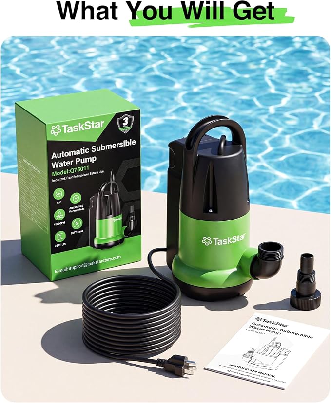 Taskstar 1 HP 4000GPH Automatic Submersible Water Pump for Pool Draining | Built-in Float Switch, Auto/Manual Modes, 25FT Cord Sump Pump for Swimming Pool, Flooded Basement, Hot Tub, Garden Pond