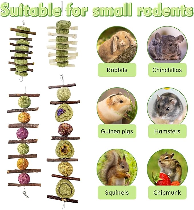 Hamiledyi 4PCS Bunny Chew Toys Rabbit Toys for Teeth Grinding Natural Fruit Sticks Organic Timothy Grass Cakes Chew Toys and Treats for Rabbit Bunny Guinea Pig Hamster Chinchilla