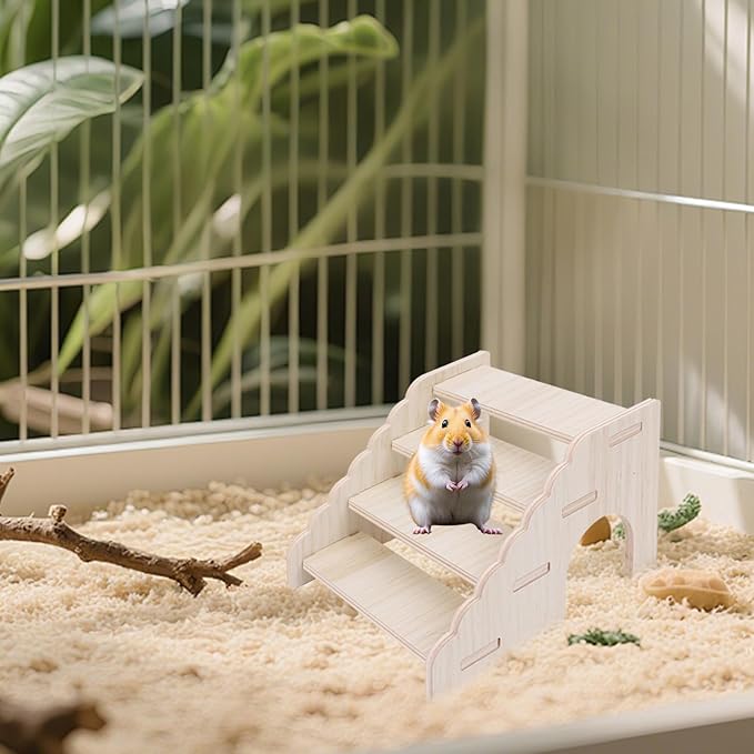 2 Pcs Hamster Hideouts, Wooden 2-Chamber Hideout-Tunnel Hamster Platform with Climbing Ladder