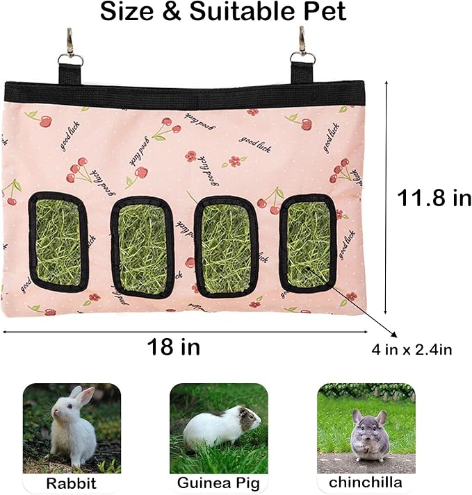 Rabbit Hay Feeder Bag, Large Capacity Rabbit Hay Bag Small Animal Hanging Hay Bag 600D Oxford Cloth Bunny Hay Feeder Bag for Rabbits Guinea Pigs Chinchillas (Pink-4 Holes-1Pcs)