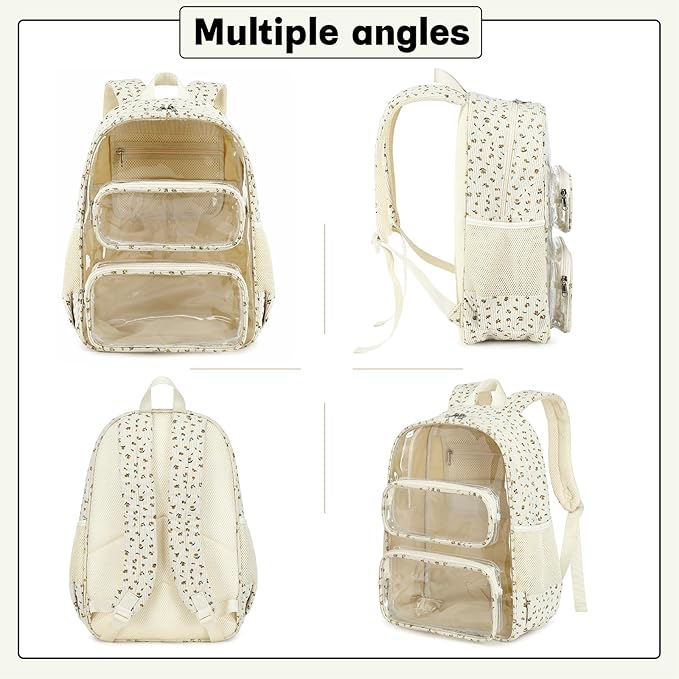 CAMTOP Clear Backpack Heavy Duty Transparent Bag See Through BookBag for Student School Work Festival Sport Travel (Beige Yellow Flowers)