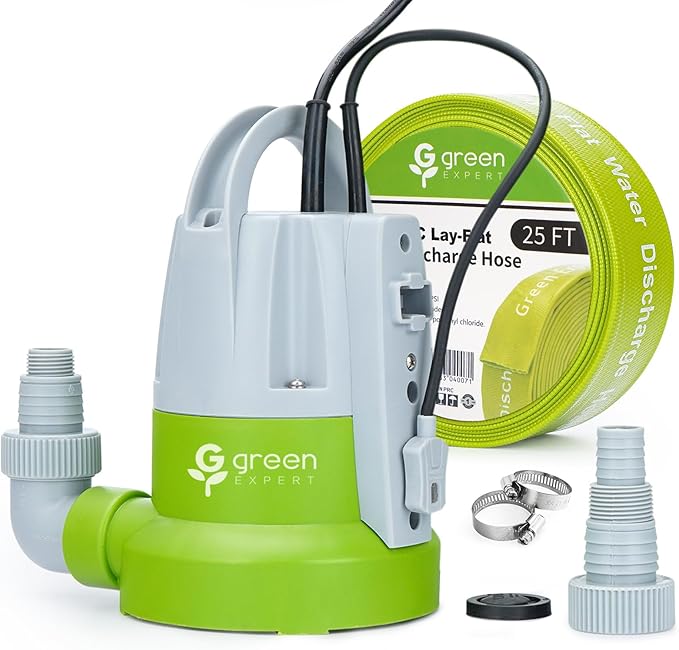 Green Expert 1/3 HP Submersible Sump Pump Kit with 25FT Lay Flat Discharge Hose, Automatic Water Sensor Utility Pump for Basement Flood Removal, Pool & Hot Tub Drain, Portable Water Removal Pump