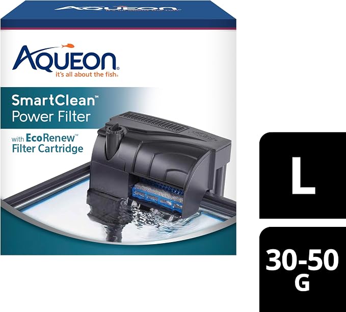 Aqueon SmartClean Power Filter with EcoRenew Filter Cartridge, Quick and Easy Water Changes, Quiet Operation, Adjustable Flow, for 30-50 Gallon Freshwater and Saltwater Aquariums, Large