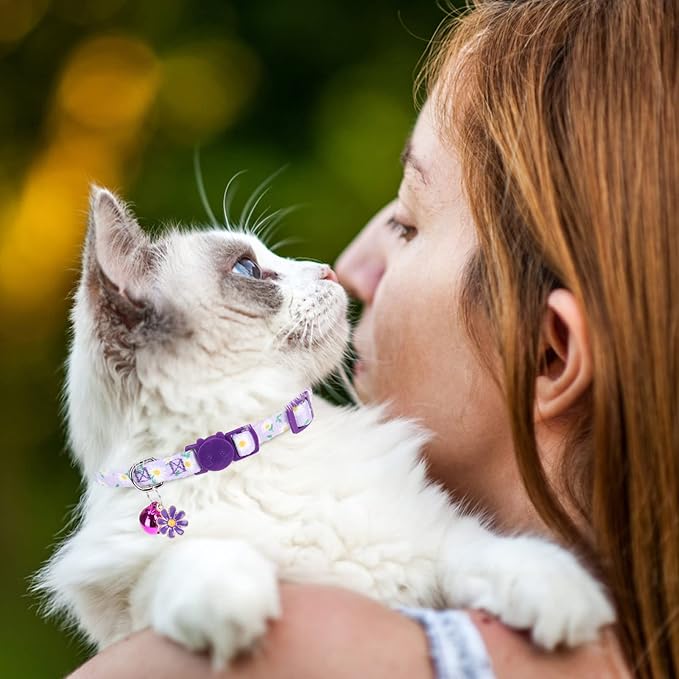 Breakaway Cat Collars with Bell & Cute Pendants, 3 Pack Safety Buckle Kitten Collars, Adjustable Pet Collar Ideal for Girl Boy Cats Puppy (Daisy Pattern)