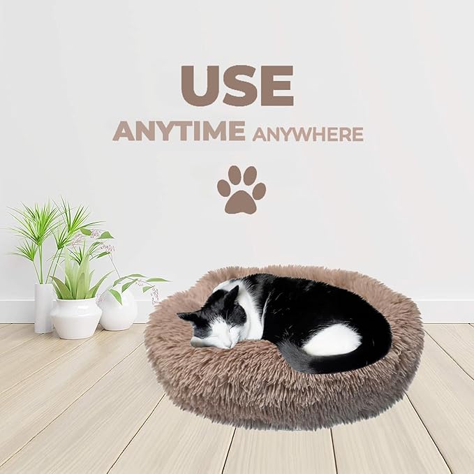 Whiskers & Friends Cat Beds for Indoor Cats, Fluffy Calming Donut Cat Bed, Small Dog Bed Washable - Orthopedic Soft Plush Pet Beds Sized for Kitten to Large Cats & Puppy to Small Dogs - Beige Brown