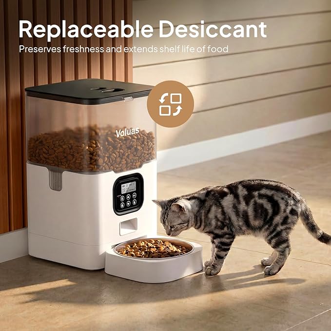 VOLUAS Automatic Cat Feeders - Pet Food Dispenser for Dry Food, Timed Cat Feeder with Desiccant Bag, Programmable Portion Size Control 4 Meals Per Day, 10s Voice Recorder
