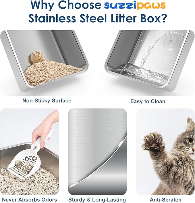 Suzzipaws 8" Deep Stainless Steel Cat Litter Box with Lid Extra Large Litter Box for Big Cats XL Metal Litter Box Pan with High Wall Sides Enclosure, Non-Sticky, Anti-Leakage, Easy Cleaning