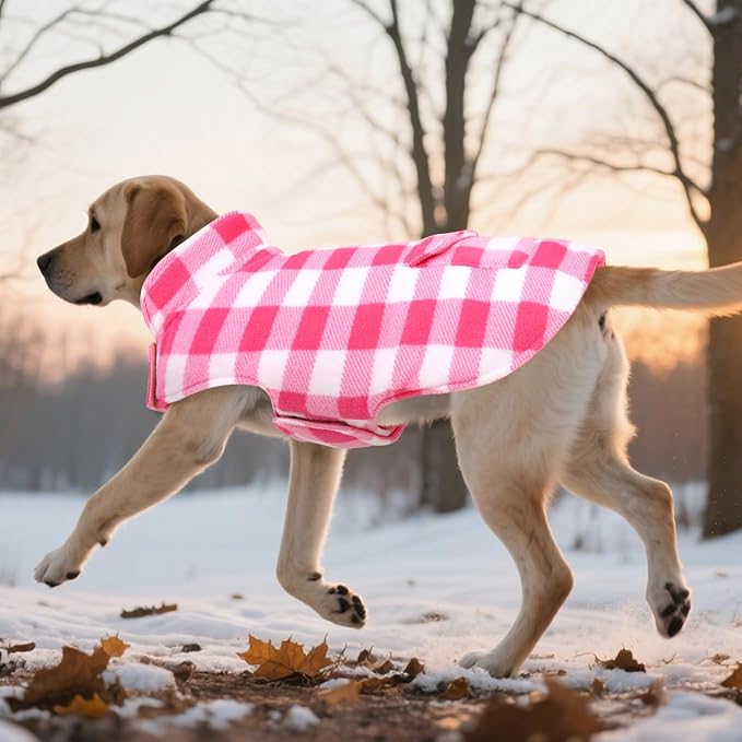 ASENKU Dog Winter Coat, Fleece Doggie Jacket Plaid Reversible Vest Waterproof Windproof Cold Weather Clothes for Small Medium Large Dogs (L, Pink)