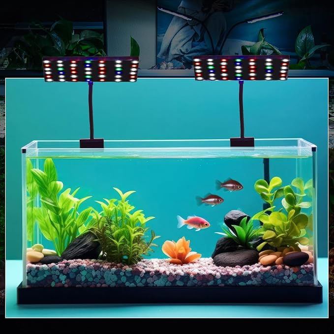 Rossesay 2 Pack Clip-on LED Aquarium Light for Plants, Full Spectrum Fish Tank Light with 42 Leds, 12w Dual Gooseneck, 360° Adjustable White Blue Red Green Leds, Fits 7-22 Inch Freshwater Planted Tank