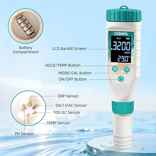 Chlorine Tester & Pool Salt Tester, Digital Pool Water Tester, Pool pH Tester 7 in 1 FAC Digital Salinity Tester for Saltwater Aquarium Sodium Chloride Swimming Pools Hot Tubs Spas