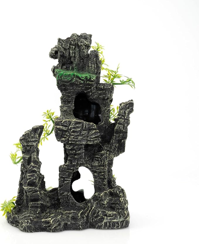 Aquarium Mountain View Stone Ornament, Large Resin Hideout Cave for Betta & Shrimp, Fish Tank Decor Rock Cave with Fish Cave and Hideouts (7.87" x 4.72" x 11.81")