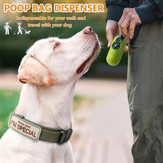 HYDEME Tactical Dog Collar Adjustable Nylon Collar with Control Handle and Heavy Metal Buckle for Medium and Large Dogs, with Patches&Airtags Case&Poop Bag Dispenser&Portable Bowl. (L, Green-Set)