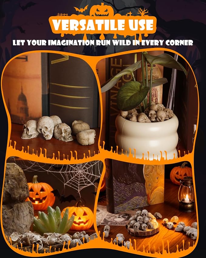 Uniclife 20 Pcs Halloween Mini Skull Decorations, Halloween Fish Tank Decor, Realistic Resin Mini Skulls Figurines for Party Crafts Bar Home, Vase Fillers, Miniature Skeleton Head Table Decor