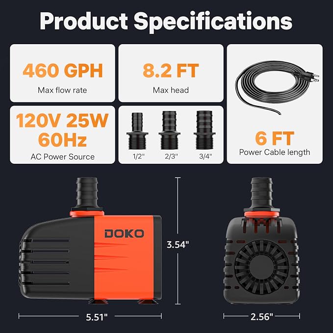 Doko Submersible Water Pump,460GPH Aquarium Water Pump with Extended Mesh Cover and Sponge,Ultra Quiet Pond Pump with 6Ft Power Cord for Fountains, Fish Tanks, Hydroponics, and Waterfalls