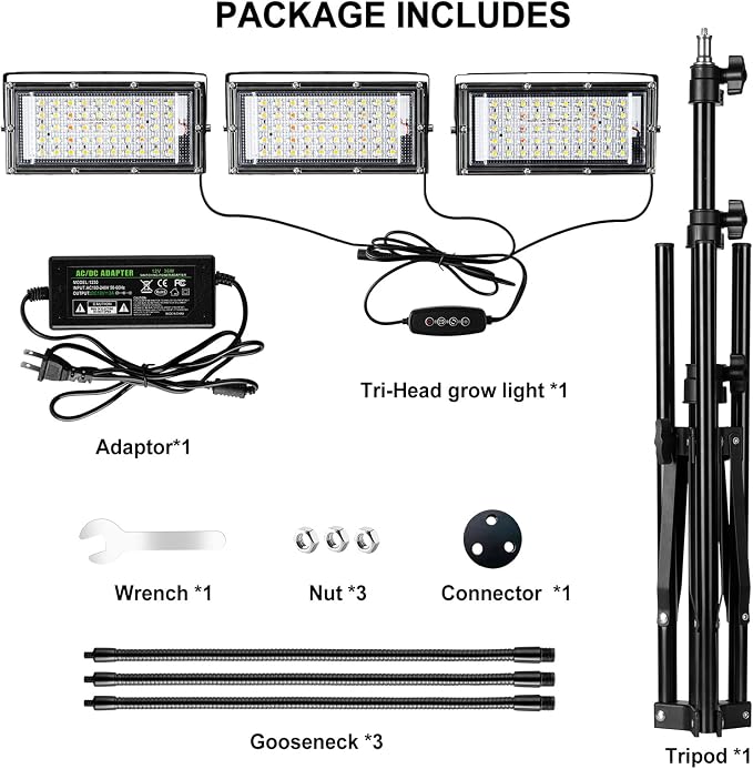 LBW Grow Light with Stand, Tri-Head LED Grow Lights for Indoor Plants | 150 LEDs Full Spectrum Plant Light, 3/6/12H Timer, 6 Brightness, 3 Switch Modes,15-63in Adjustable Stand, for Tall Plants