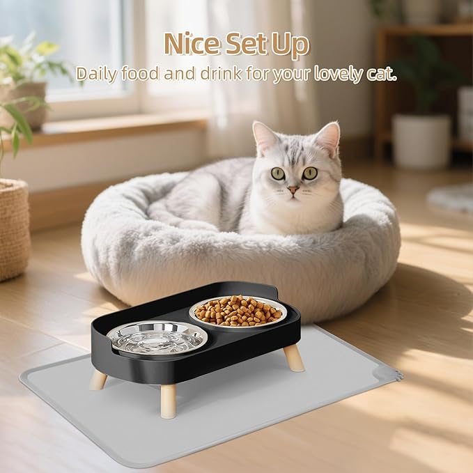 Elevated Cat Bowl with Food Mat, Raised Cat Food and Water Bowl Set for Indoor Cats, Splash Proof with 2 Stainless Steel Pet Food Bowls for Cats and Puppies,Whisker Fatigue and Dishwasher Safe (Black)