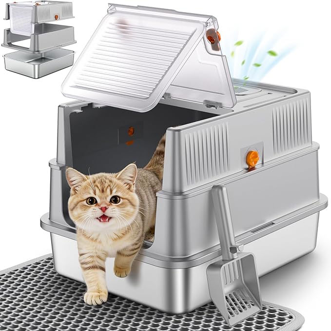 URPOWER Stainless Steel Cat Litter Box with Lid 180° Flip-Top Enclosed Kitty Litter Box Non-Sticky Metal Pan with High Sided & Scoop for Kitten, Multi-Cats Home, Odor Free, Anti-Leakage, Easy Cleaning