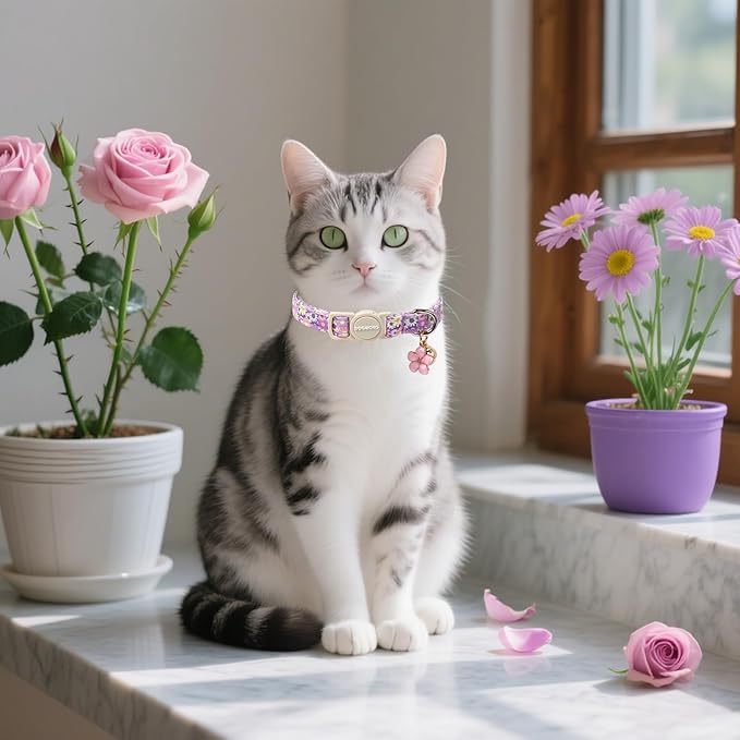 Cat Collar,2 Pack Cute Cat Collars Breakaway with Bell- Safety Buckle Flower Pink Rose Cat Collar for Girl Cats and Small Dogs,Adjustable 7-12 Inch,Pet Supplies Accessories