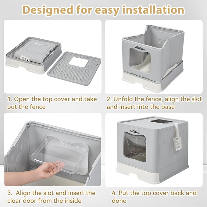 AiQInu Enclosed Cat Litter Box - Foldable Large Litter Box with Lid and Scoop High Sided Enclosure, Front Entry Top Exit, Odor Control, Anti Leakage No Smell, Easy Cleaning