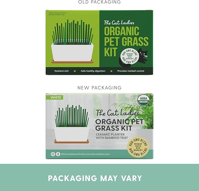The Cat Ladies Organic Cat Grass Growing kit with Organic Seed Mix, Soil and Ceramic Planter with Bamboo Tray. Natural Hairball Control and Remedy for Cats