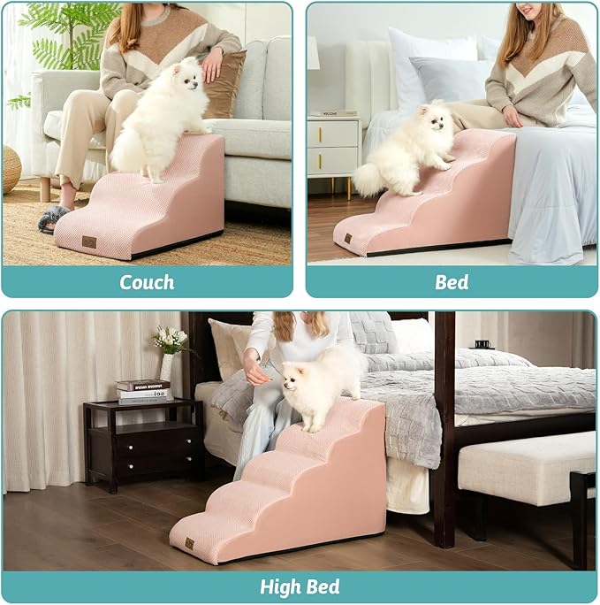 COZY KISS Dog Stairs for High Bed 22.6" H, Small Dog Step for Puppy, Older or Cat, Curved Ramp for Car, Ladder with High Density Foam, Lightweight, Durable, 15.7x33x22.6 inch, 5 Step, Pink