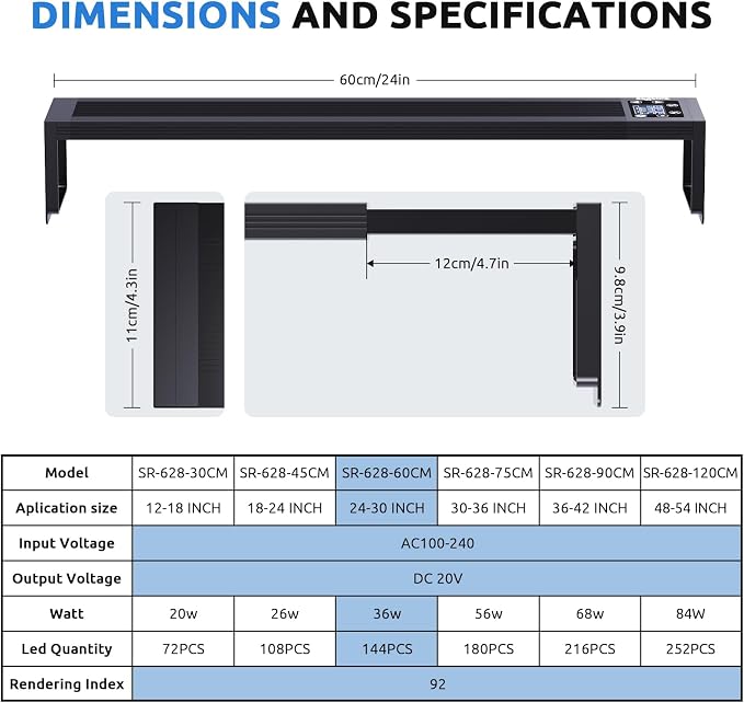 SEAOURA 24/7 LED Aquarium Light for Fish Tank Plant with Timer 24-30 Inch | Fish Tank Light for Plants, Auto On Off with Timer, 9 Colors, Adjustable Brightness, Daylight & Moonlight, DIY and Weather