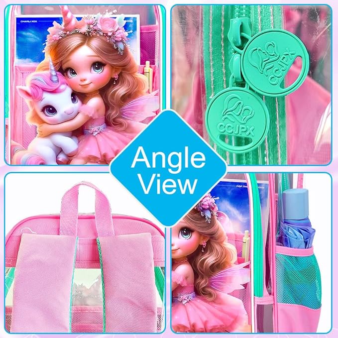 AGSDON Clear Backpack for Girls, Kids Unicorn Transparent Backpack with Heavy Duty PVC, See Through Backpacks with Lunch Bag- Pink Unicorn