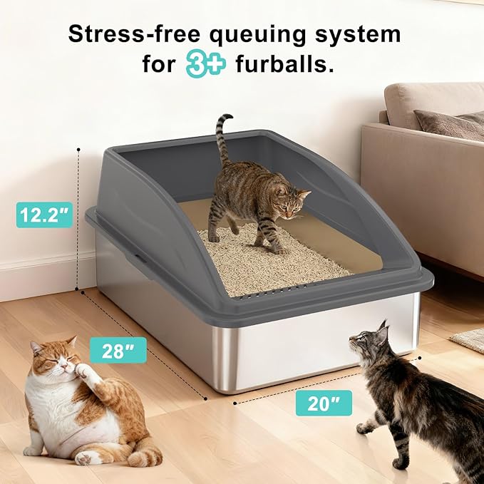 AIPERRO Stainless Steel Litter Box Extra Large for Big Cats and Multi-Cats | Jumbo Extra Large Metal Cat Box with High Sided Lid, Anti-Urine Leakage, Non-Stick,Include Litter Scoop