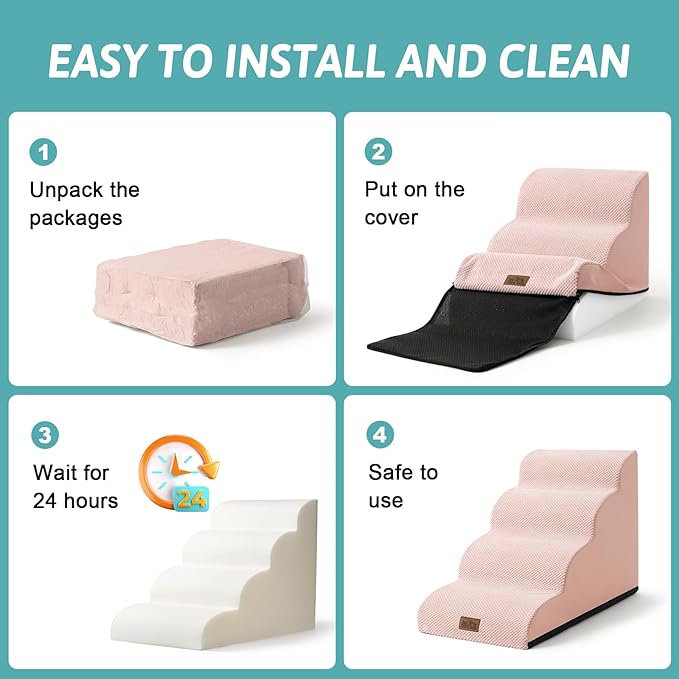 COZY KISS Dog Stairs for Small Dogs 15.7" H, Curved Dog Step for Puppy, Older Cat, Medium Pet Ramp for Sofa, Couch or Chair, Ladder with High Density Foam, 3 Step, 15.7x22.4x15.7 inch, Pink