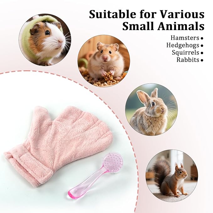 Hamster Bite Proof Glove and Grooming Brush Set, Adjustable Hamster Glove, Lid Soft Cleansing Brush Massage Combs, Guinea Pig Brush, Hamster Care Set for Hamsters, Ferrets, Hedgehogs (Pink)