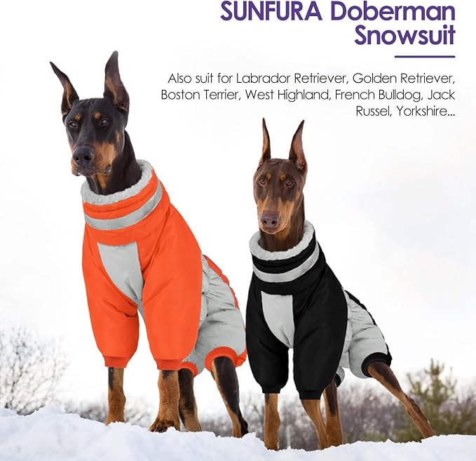 Full Body Dog Coat - Warm Fleece Jacket for Large Dogs, Turtleneck Winter Coats with Harness, Reflective Dog Snowsuit Windproof Puffer Jackets with Legs for Weimaraner, Orange XL