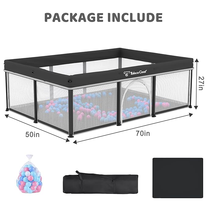 Taleco Gear Foldable Baby Play Pen with Mat, 50''x71'' Playpen for Babies and Toddlers, Playpen for Baby with Gate, Breathable,Foldable Travel Play Pen with 50 Ocean Balls