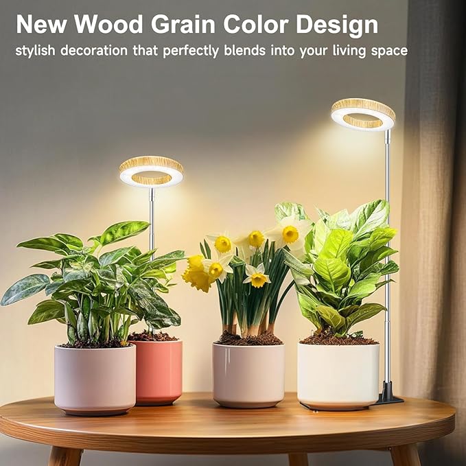 Aokrean Grow Lights for Indoor Plants, 48 LEDs Full Spectrum Plant Grow Light, Height Adjustable Faux Wood Grain Halo Plant Light with Base, 3 Optional Spectrums, Auto Timer 6/12/16Hrs, 5 Brightness