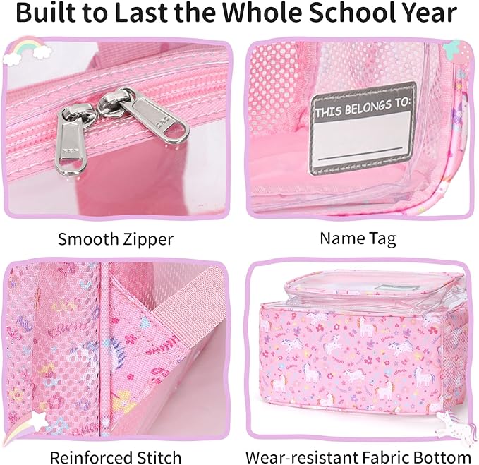 Clear Backpack for Girls, 15 Inch Heavy Duty Transparent Bookbag for Kindergarten to 2nd Grade, PVC See Through Daypack with Reflective Straps, Fits Standard Folders, Pink Unicorn