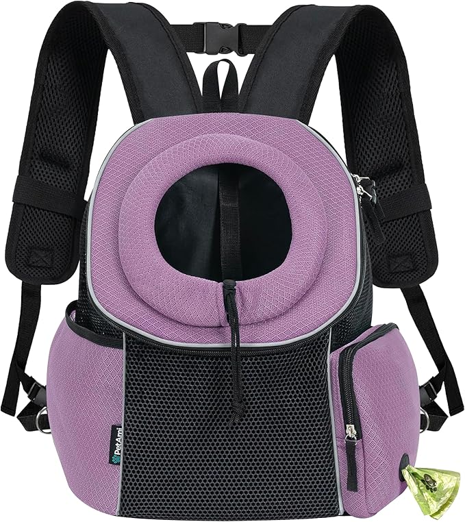 PetAmi Adjustable Cat & Dog Front Chest Carrier Backpack, Ventilated for Hiking & Camping, Max 10 lbs, Purple