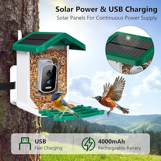 Smart Bird Feeder with Camera, AI Bird Species Identification Solar Powered Panel, 2.5k HD Video Bird House with Camera for Outside Garden, Ideal Gifts for Lover,Valentine's Day, Green