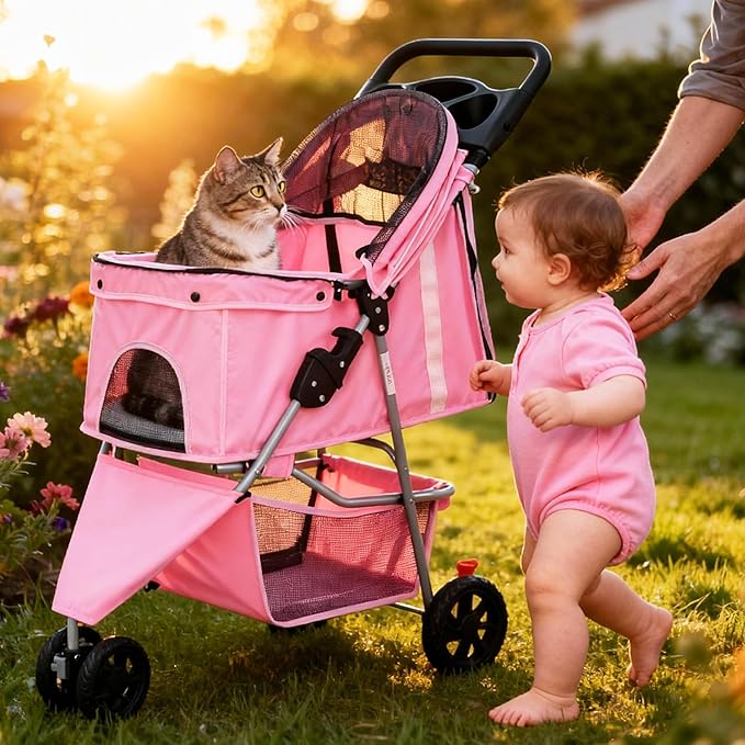 Smug 3 Wheels Pet Stroller, Dog and Cat Strollers with Storage Basket and Cup Holder, Lightweight Travel Carrier, Breathable, Waterproof and Foldable for Small Pets Outdoor Walk, Blue