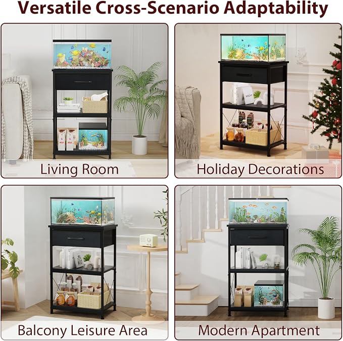 5-10 Gallon Fish Tank Stand with Adjustable Height and Drawer, Black | Heavy duty metal frame holds up to 220 pounds with a lower shelf for a second aquarium, turtle tank or reptile terrarium