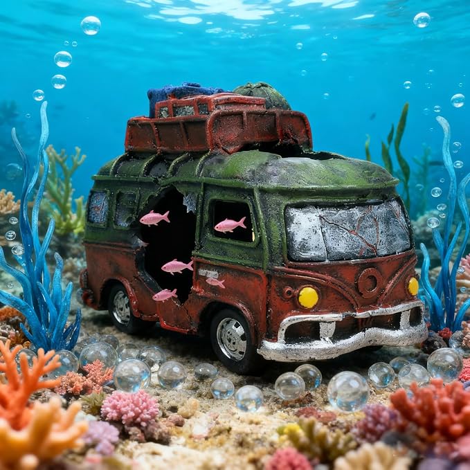 Aquarium Decorations Resin Bus Wreck Fish Tank Decoration Beta Fish Shrimp Aquatic Pets Hiding Cave Accessories