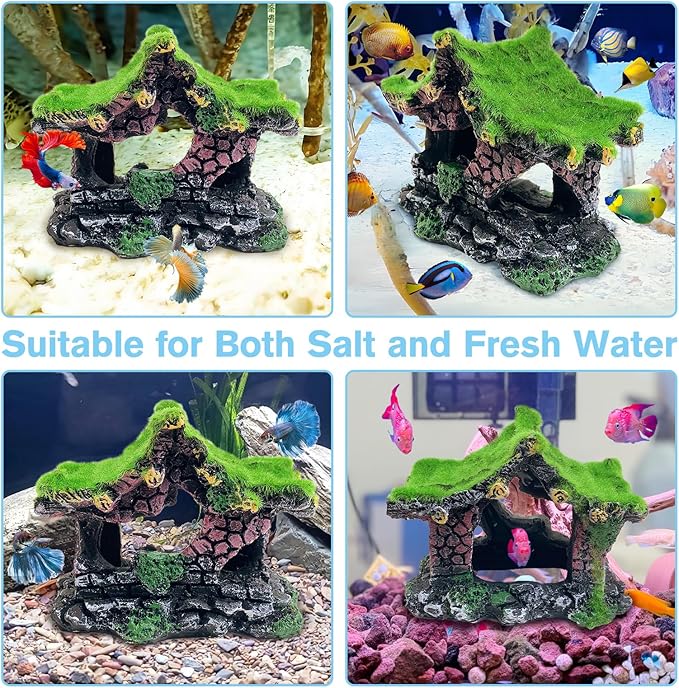 Hamiledyi Resin Hollow Hideout House for Aquarium Decoration Fish Tank Accessories Betta Cave with Lifelike Moss for Shrimp Fish Shelter